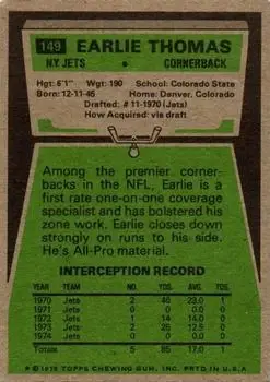 1975 Topps #149 - Earlie Thomas - New York Jets - Back