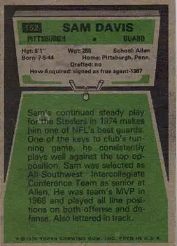 1975 Topps #152 - Sam Davis - Pittsburgh Steelers - Back 1975 Topps #152 - Sam Davis - Pittsburgh Steelers - Back