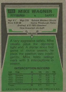 1975 Topps #153 - Mike Wagner - Pittsburgh Steelers - Back