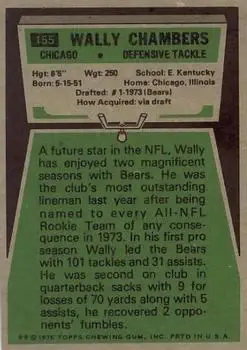 1975 Topps #155 - Wally Chambers - Chicago Bears - Back