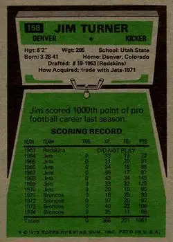 1975 Topps #158 - Jim Turner - Denver Broncos - Back 1975 Topps #158 - Jim Turner - Denver Broncos - Back