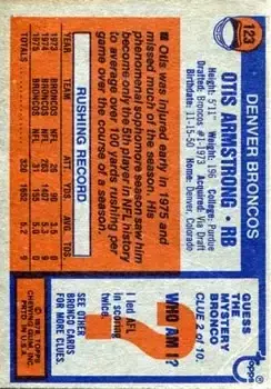 1976 Topps #123 - Otis Armstrong - Denver Broncos - Back
