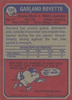 1973 Topps #121 - Garland Boyette - Houston Oilers - Back