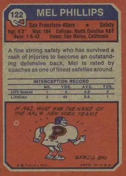 1973 Topps #122 - Mel Phillips - San Francisco 49ers - Back