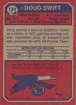 1973 Topps #124 - Doug Swift - Miami Dolphins - Back