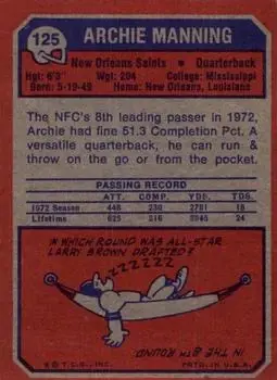1973 Topps #125 - Archie Manning - New Orleans Saints - Back