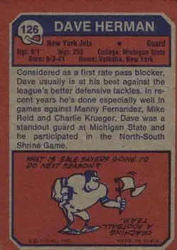1973 Topps #126 - Dave Herman - New York Jets - Back