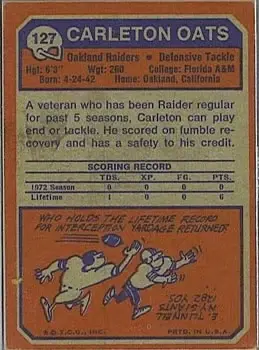 1973 Topps #127 - Carleton Oats - Oakland Raiders - Back