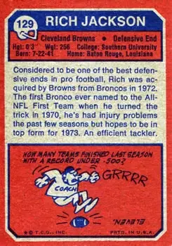 1973 Topps #129 - Rich Jackson - Cleveland Browns - Back
