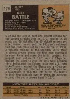 1971 Topps #179 - Mike Battle - New York Jets - Back