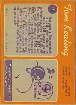 1970 Topps #171 - Tom Keating - Oakland Raiders - Back