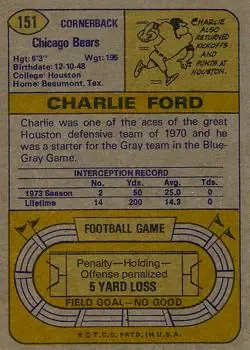 1974 Topps #151 - Charlie Ford - Chicago Bears - Back