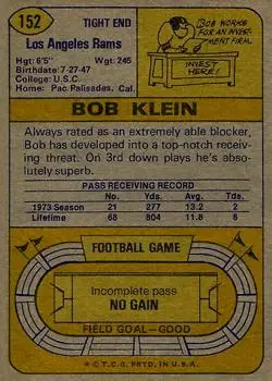 1974 Topps #152 - Bob Klein - Los Angeles Rams - Back