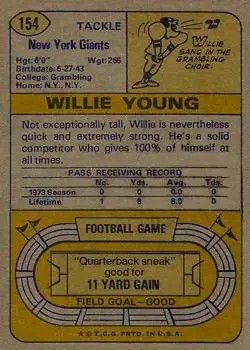 1974 Topps #154 - Willie Young - New York Giants - Back
