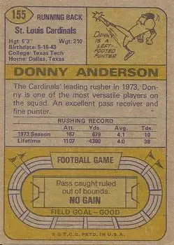1974 Topps #155 - Donny Anderson - St. Louis Cardinals - Back