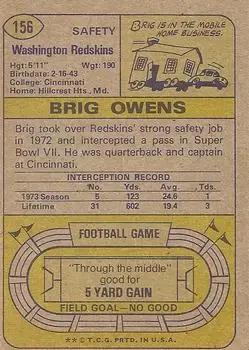 1974 Topps #156 - Brig Owens - Washington Redskins - Back