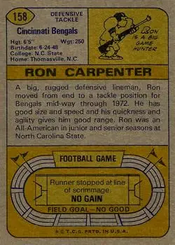 1974 Topps #158 - Ron Carpenter - Cincinnati Bengals - Back