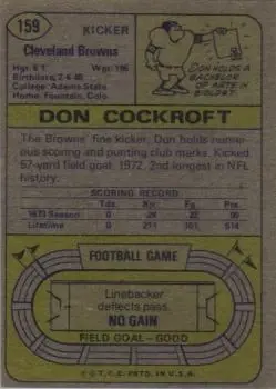 1974 Topps #159 - Don Cockroft - Cleveland Browns - Back