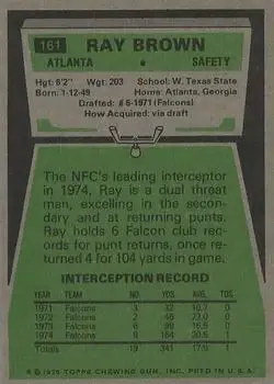 1975 Topps #161 - Ray Brown - Atlanta Falcons - Back