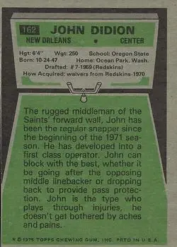 1975 Topps #162 - John Didion - New Orleans Saints - Back