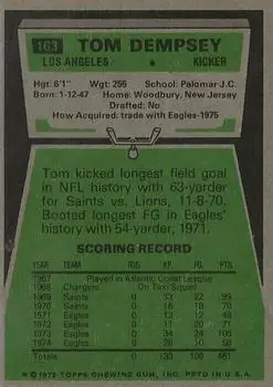 1975 Topps #163 - Tom Dempsey - Los Angeles Rams - Back