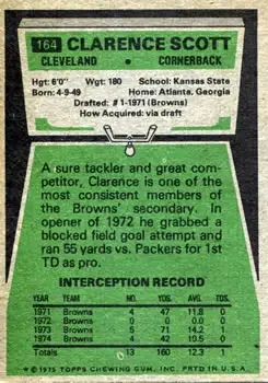 1975 Topps #164 - Clarence Scott - Cleveland Browns - Back
