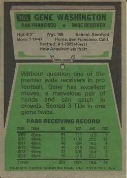 1975 Topps #165 - Gene Washington - San Francisco 49ers - Back
