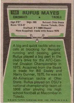 1975 Topps #168 - Rufus Mayes - Cincinnati Bengals - Back