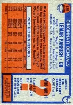 1976 Topps #135 - Lemar Parrish - Cincinnati Bengals - Back
