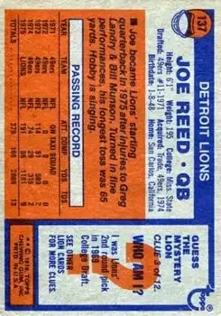 1976 Topps #137 - Joe Reed - Detroit Lions - Back