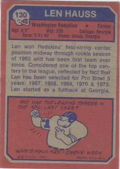 1973 Topps #130 - Len Hauss - Washington Redskins - Back