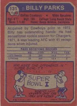 1973 Topps #131 - Billy Parks - Dallas Cowboys - Back