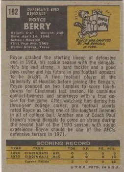 1971 Topps #182 - Royce Berry - Cincinnati Bengals - Back