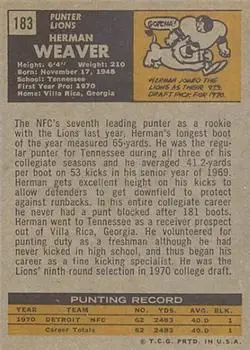 1971 Topps #183 - Herman Weaver - Detroit Lions - Back