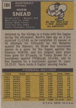 1971 Topps #184 - Norm Snead - Minnesota Vikings - Back 1971 Topps #184 - Norm Snead - Minnesota Vikings - Back