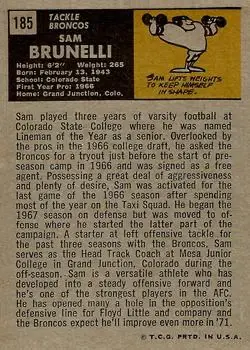 1971 Topps #185 - Sam Brunelli - Denver Broncos - Back