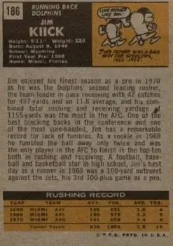 1971 Topps #186 - Jim Kiick - Miami Dolphins - Back