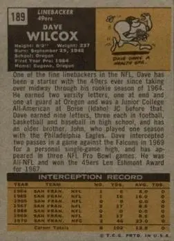 1971 Topps #189 - Dave Wilcox - San Francisco 49ers - Back
