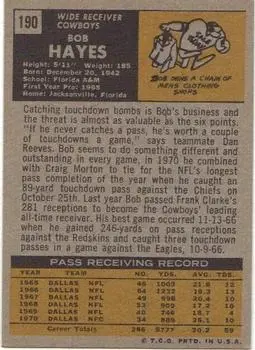 1971 Topps #190 - Bob Hayes - Dallas Cowboys - Back 1971 Topps #190 - Bob Hayes - Dallas Cowboys - Back