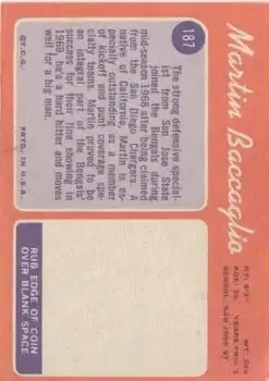 1970 Topps #187 - Martin Baccaglio - Cincinnati Bengals - Back