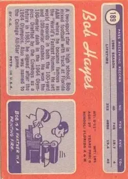 1970 Topps #189 - Bob Hayes - Dallas Cowboys - Back 1970 Topps #189 - Bob Hayes - Dallas Cowboys - Back