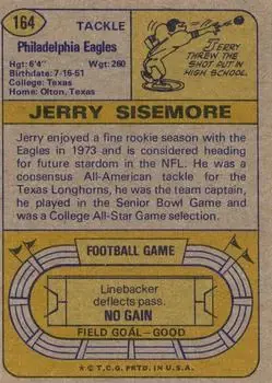 1974 Topps #164 - Jerry Sisemore - Philadelphia Eagles - Back