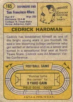 1974 Topps #165 - Cedrick Hardman - San Francisco 49ers - Back
