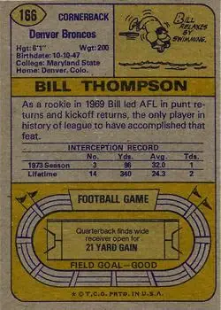 1974 Topps #166 - Bill Thompson - Denver Broncos - Back