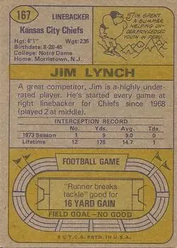 1974 Topps #167 - Jim Lynch - Kansas City Chiefs - Back