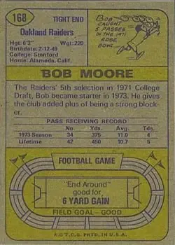 1974 Topps #168 - Bob Moore - Oakland Raiders - Back 1974 Topps #168 - Bob Moore - Oakland Raiders - Back