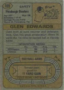 1974 Topps #169 - Glen Edwards - Pittsburgh Steelers - Back