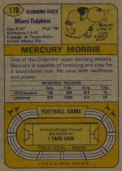 1974 Topps #170 - Mercury Morris - Miami Dolphins - Back 1974 Topps #170 - Mercury Morris - Miami Dolphins - Back