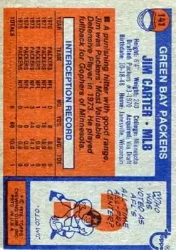 1976 Topps #141 - Jim Carter - Green Bay Packers - Back 1976 Topps #141 - Jim Carter - Green Bay Packers - Back