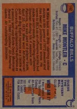 1976 Topps #142 - Mike Montler - Buffalo Bills - Back